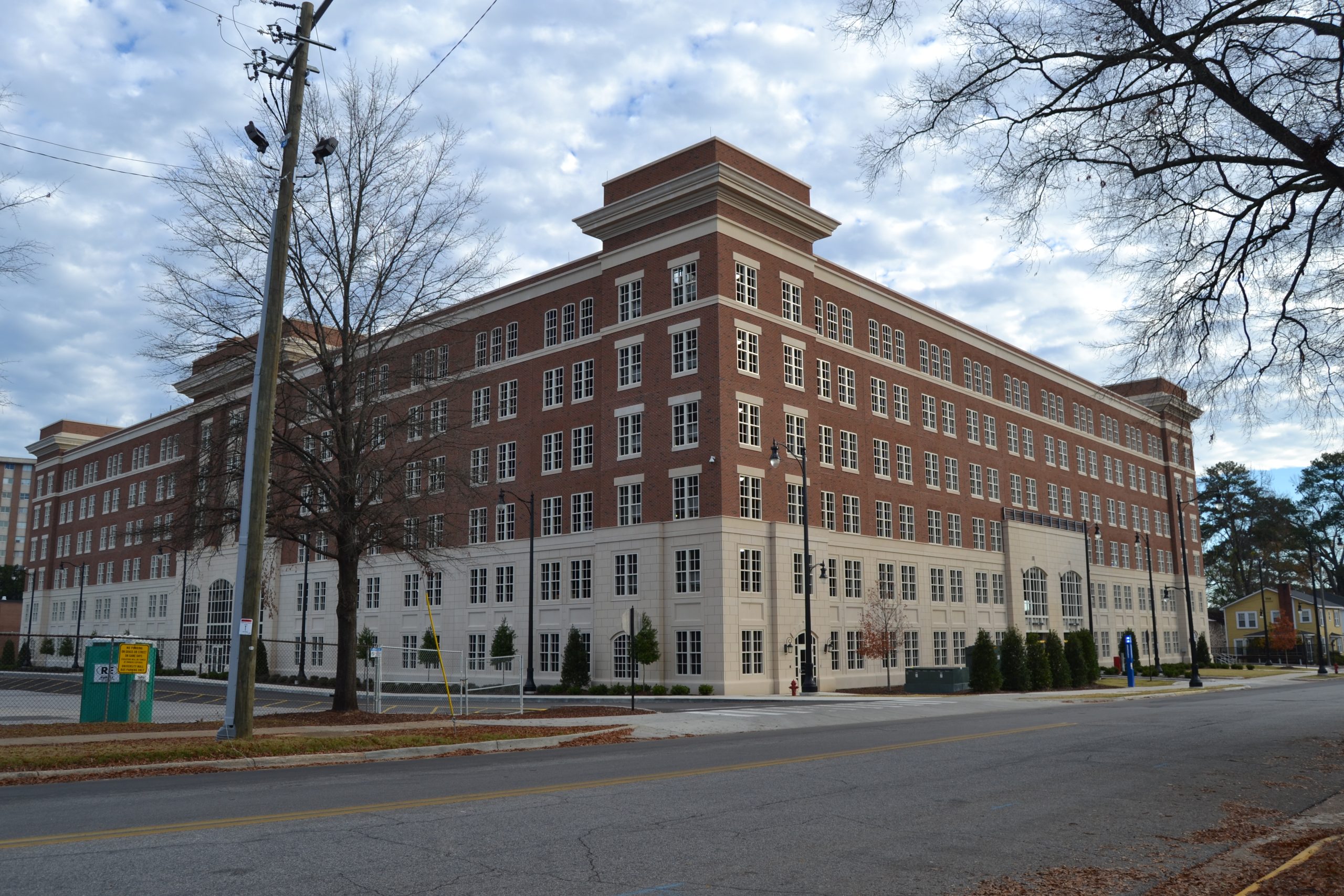 Tutwiler Parking Deck - recognizable features include the two-toned brick facade with light grey brick at the bottom and red brick at the top.